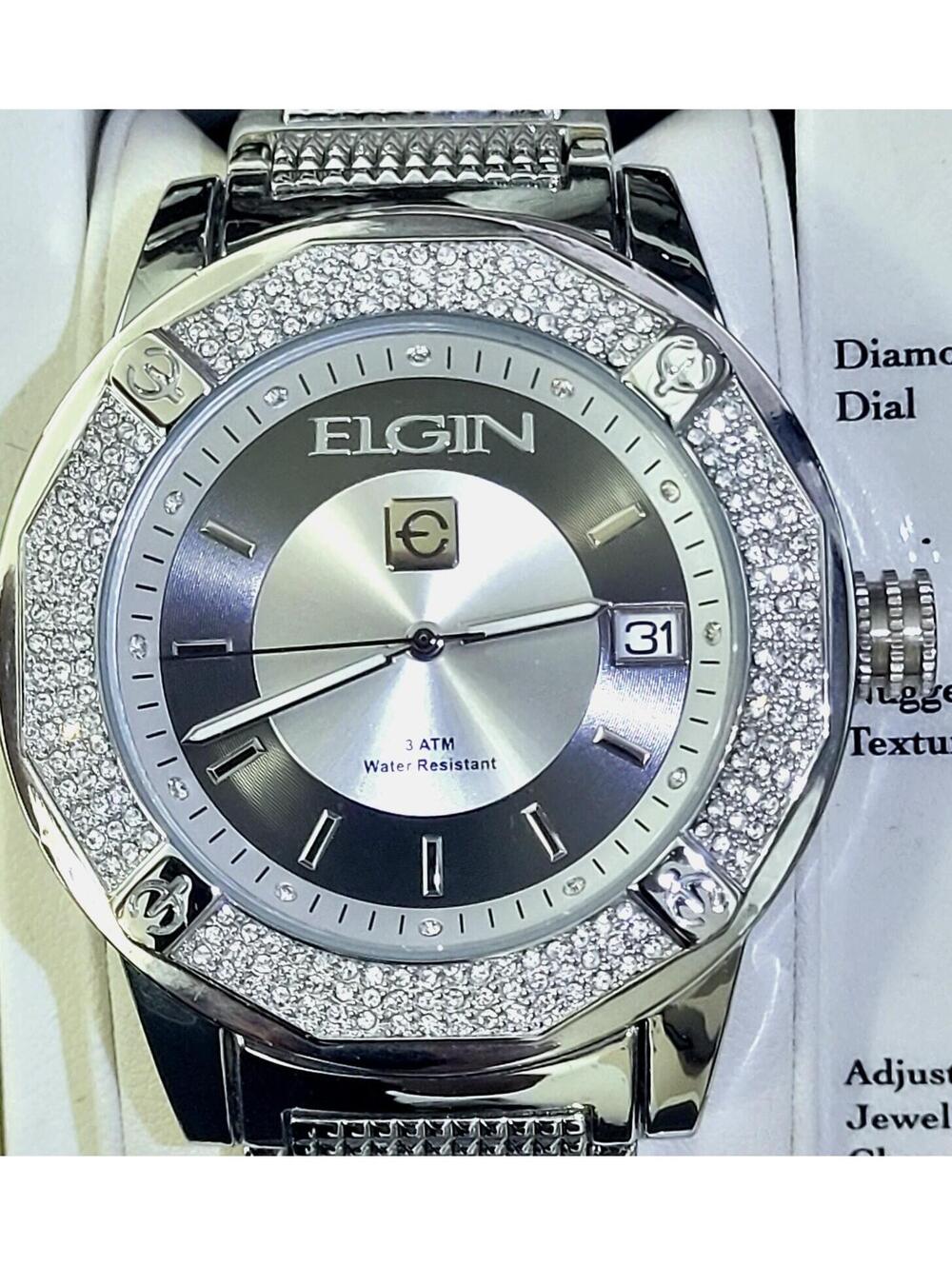 Rare Diamond Paved Bezel Mens Watch Elgin Authorized Dealer - Picture 3 of 13